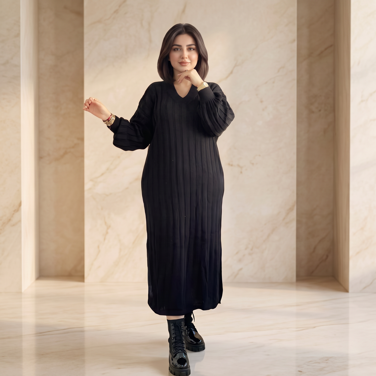 Robe Longue en Maille – Col V